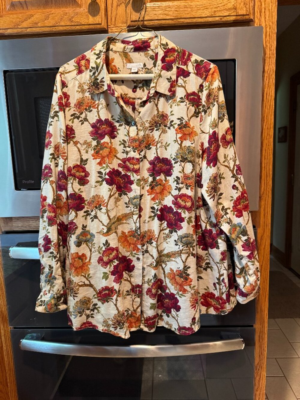J Jill Button Up Top Floral Bird Roll Tab Sleeve Cotton Colorful Large